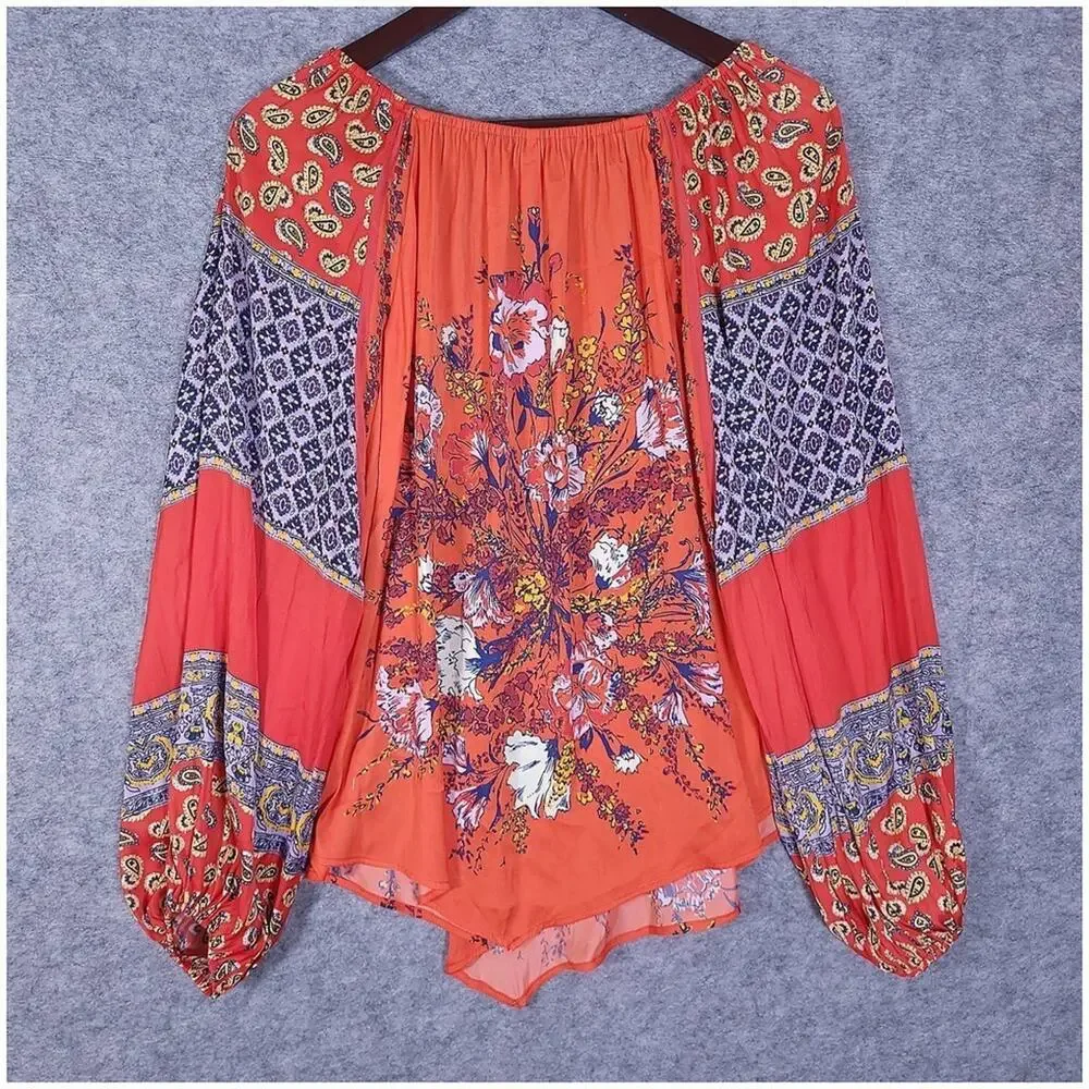 Free People Positano Womens Small Cherry Floral Boho Blouse Balloon Sleeve NWT